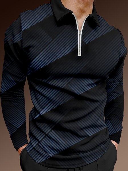

Gradient Irregular Stripe Zip Long Sleeve Polo, Black, Men's t-shirts