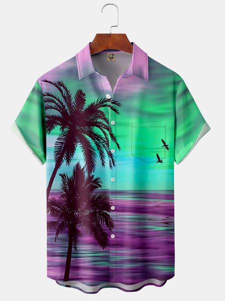 

Coconut Tree Chest Pocket Short Sleeve Hawaiian Shirt, Green, Men Shirts