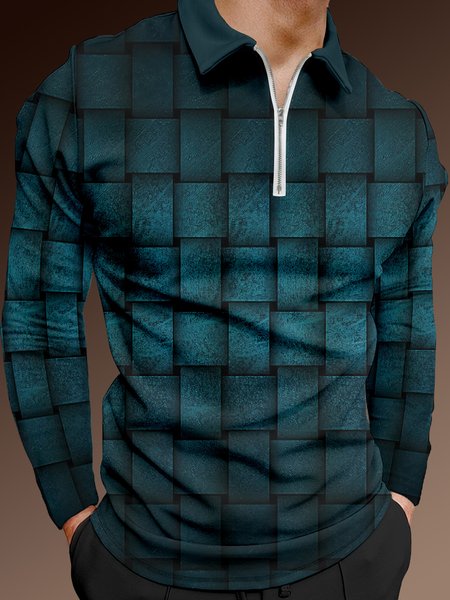 

3D Gradient Geometric Zip Long Sleeve Polo, Lake blue, Men's t-shirts