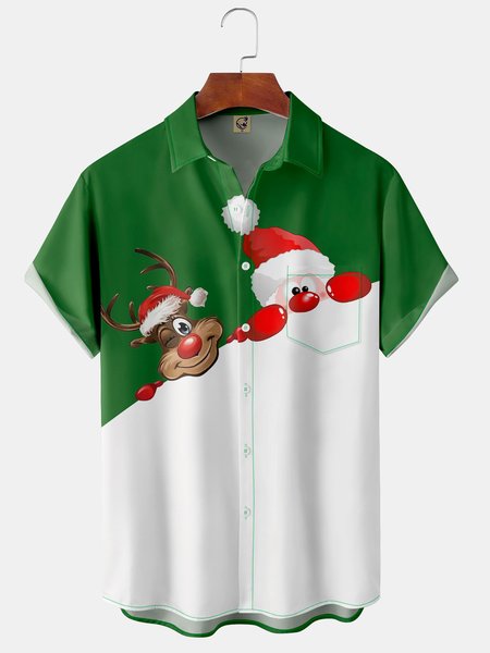 

Santa Claus Chest Pocket Short Sleeve Shirt, Green, Men Shirts