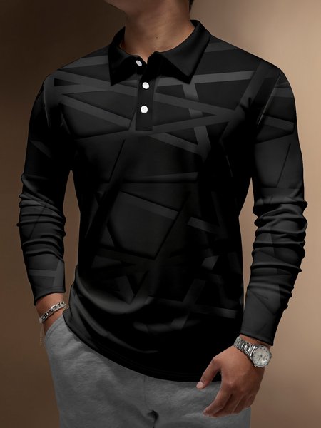 

3D Gradient Geometric Buttons Long Sleeve Polo, Black, Men's t-shirts