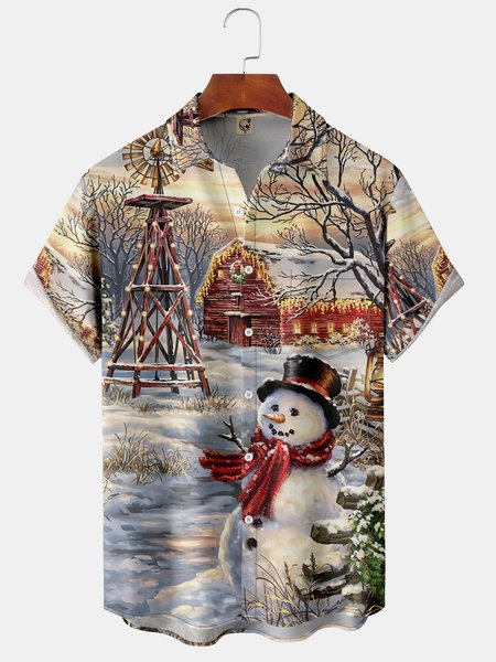 

Christmas Snowman Chest Pocket Short Sleeve Casual Shirt, Khaki, Men Shirts