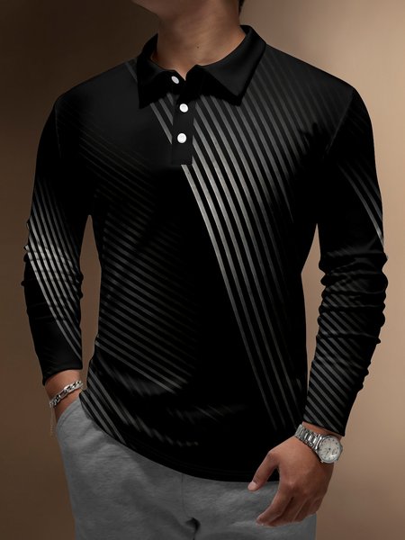

Gradient Abstract Striped Buttons Long Sleeve Polo, Black, Polo Shirts