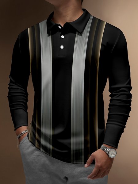 

Black Gold Gradient Striped Buttons Long Sleeve Polo, Men's t-shirts