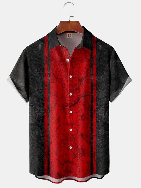 

Dark Pattern Chest Pocket Short Sleeve Bowling Shirt, Black, Short Sleeve Shirts