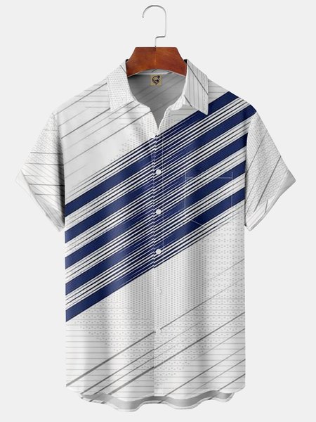 

Geometric Stripes Chest Pocket Short Sleeve Shirt, Blue, Men Shirts