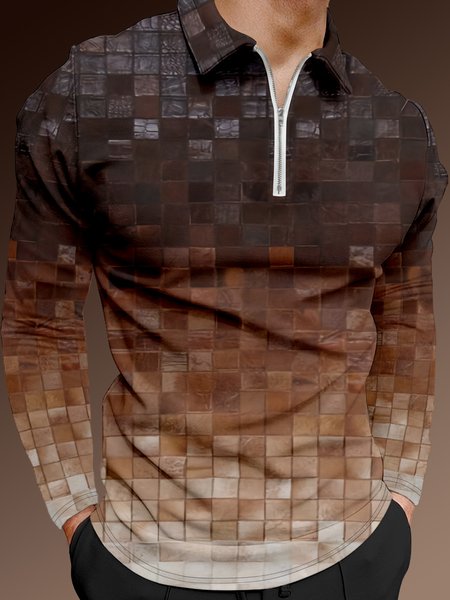 

Gradient Color Block Zip Long Sleeve Polo, Brown, Men's t-shirts