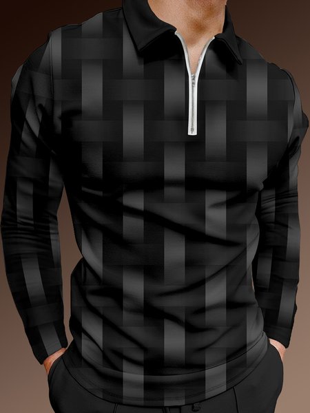 3D Gradient Irregular Geometric Zip Long Sleeve Polo, Black, Men's t-shirts