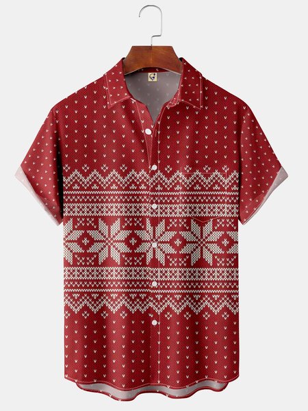 

Fair Isle Chest Pocket Short Sleeve Ugly Christmas Shirt, Red, Men Shirts