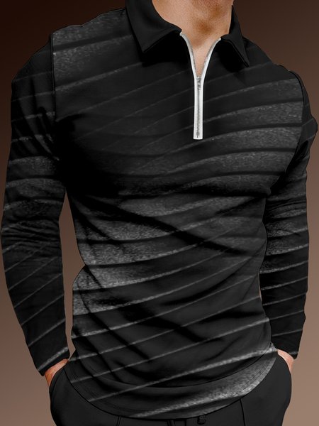 

3D Gradient Striped Zip Long Sleeve Polo, Black, Men's t-shirts