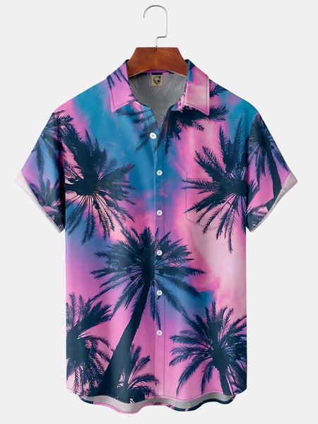 

Coconut Tree Chest Pocket Short Sleeve Hawaiian Shirt, Pink, Short Sleeve Shirts