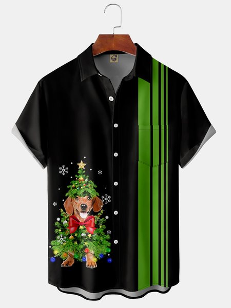 

Christmas Dog Chest Pocket Short Sleeve Casual Shirt, Black, Men Shirts
