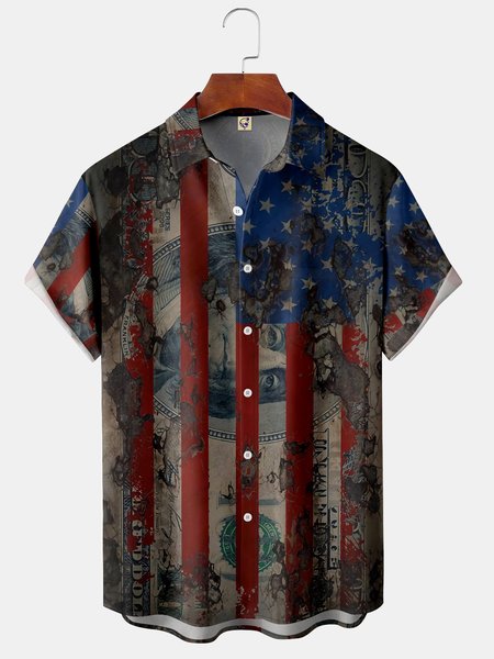 

American Flag Dollars Chest Pocket Short Sleeve Casual Shirt, Khaki, Short Sleeve Shirts