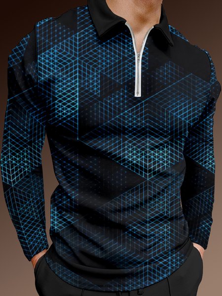 

Abstract Diamond Gradient Zip Long Sleeve Polo, Blue, Polo Shirts