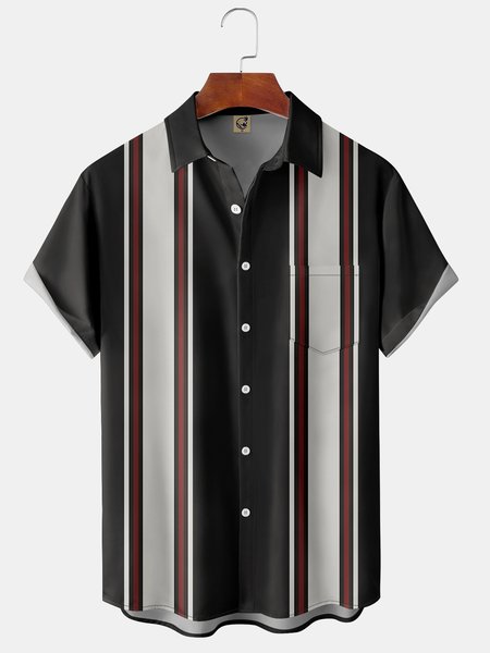 

Basic Chest Pocket Short Sleeve Bowling Shirt, Black, Men Shirts