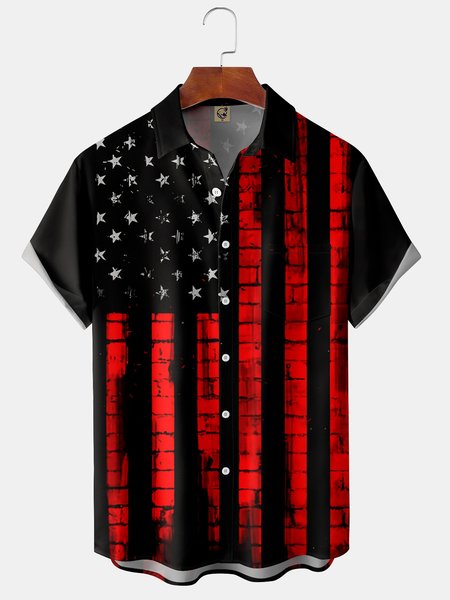 

American Flag Chest Pocket Short Sleeve Casual Shirt, Black, Short Sleeve Shirts