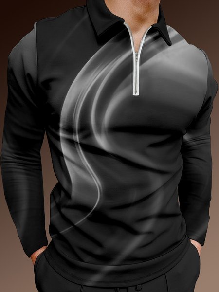 

3D Gradient Abstract Geometric Zip Long Sleeve Polo, Black, Men's t-shirts