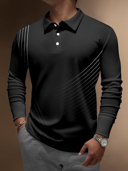 

Gradient Abstract Striped Buttons Long Sleeve Polo, Deep gray, Polo Shirts