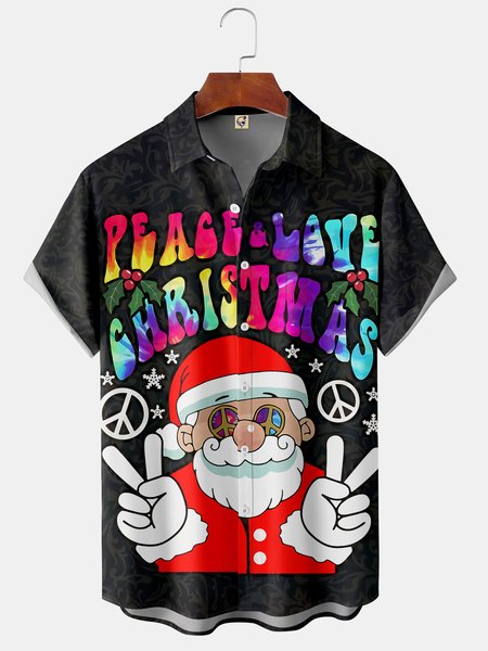 

Hippie Santa Claus Chest Pocket Short Sleeve Casual Shirt, Black, Men Shirts