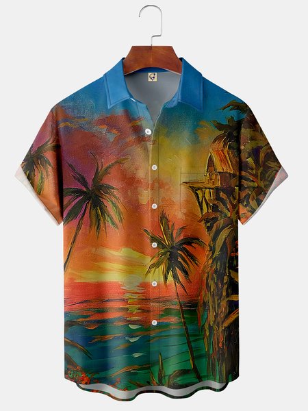 

Coconut Tree Art Painting Chest Pocket Short Sleeve Hawaiian Shirt, Deep brown, Men Shirts