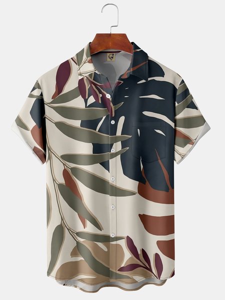 

Monstera Leaf Chest Pocket Short Sleeve Hawaiian Shirt, Khaki, Short Sleeve Shirts