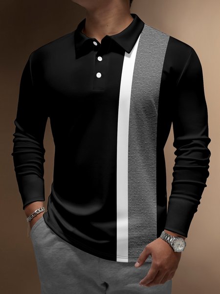 

Geometric Striped Button Long Sleeve Polo, Black, Men's t-shirts