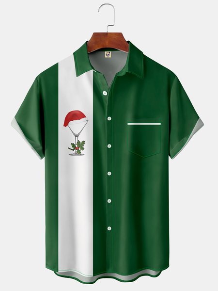 

Christmas Hat Chest Pocket Short Sleeve Bowling Shirt, Green, Men Shirts