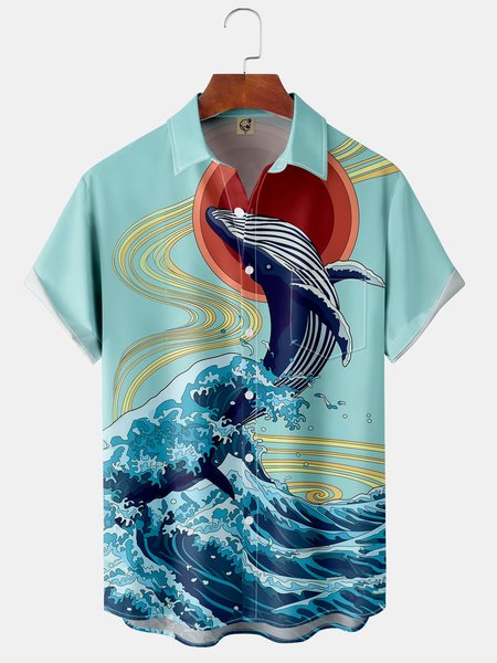 

Japanese Ukiyoe Whale Chest Pocket Short Sleeve Hawaiian Shirt, Blue, Men Shirts