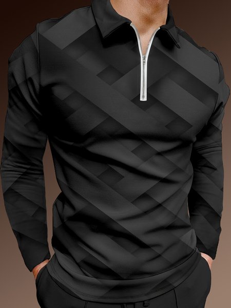 

3D Gradient Irregular Geometric Zip Long Sleeve Polo, Black, Men's t-shirts