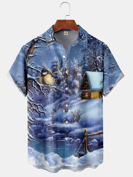 

Christmas Robin Chest Pocket Short Sleeve Casual Shirt, Blue, Short Sleeve Shirts