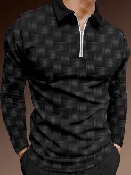 

3D Colorblock Zip Long Sleeve Polo, Black, Men's t-shirts