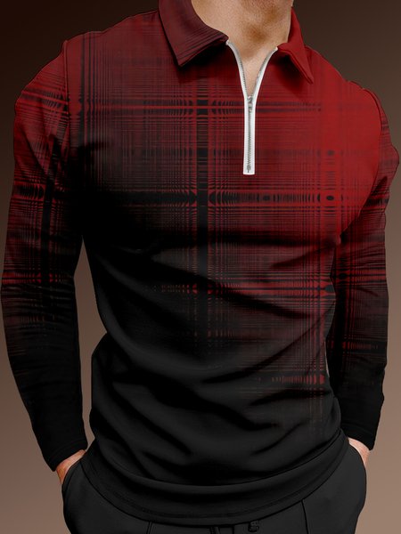 

Gradient Check Line Zip Long Sleeve Polo, Red, Polo Shirts