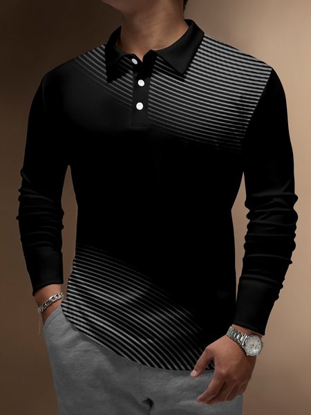 

Gradient Striped Buttons Long Sleeve Polo, Black, Men's t-shirts