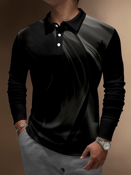 

Gradient Abstract Geometric Buttons Long Sleeve Polo, Black, Polo Shirts