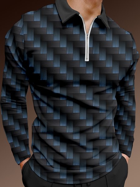 

3D Gradient Geometric Zip Long Sleeve Polo, Black, Men's t-shirts