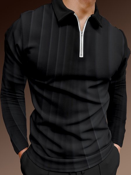 

Gradient Shaded Geometric Zip Long Sleeve Polo, Black, Polo Shirts