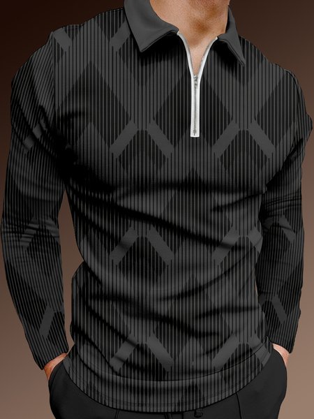 

Striped Geometric Colorblock Zip Long Sleeve Polo, Dark gray, Men's t-shirts