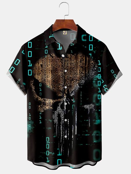 

3D Scientific Number Code Chest Pocket Short Sleeve Shirt, Black, Men Shirts