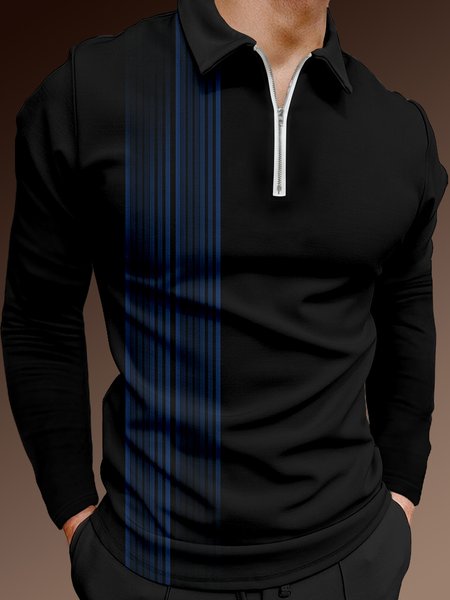 

Gradient Striped Zip Long Sleeve Polo, Black, Men's t-shirts