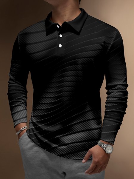 

Gradient 3D Abstract Geometric Buttons Long Sleeve Polo, Black, Polo Shirts