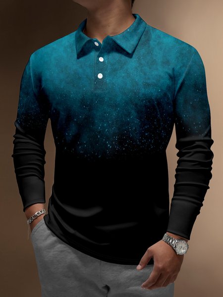 

Gradient Abstract Starry Button Long Sleeve Polo, Lake blue, Polo Shirts