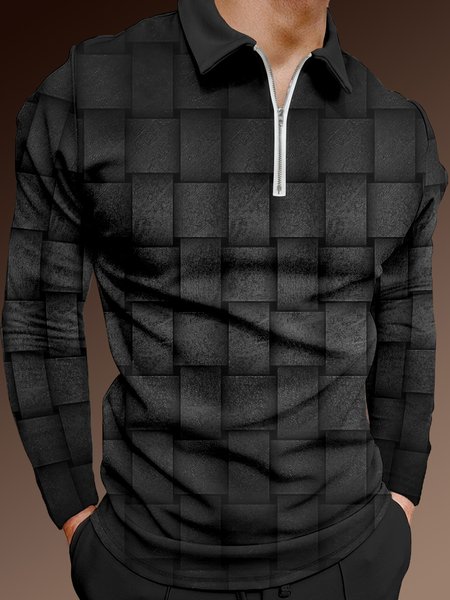 

3D Gradient Geometric Zip Long Sleeve Polo, Dark gray, Polo Shirts