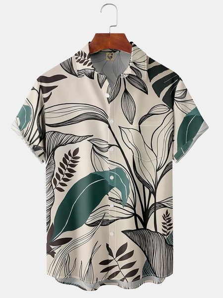 Retro Leaf Chest Pocket Short Sleeve Hawaiian Shirt, Khaki, Short Sleeve Shirts