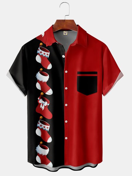 

Christmas Socks Chest Pocket Short Sleeve Casual Shirt, Red, Men Shirts