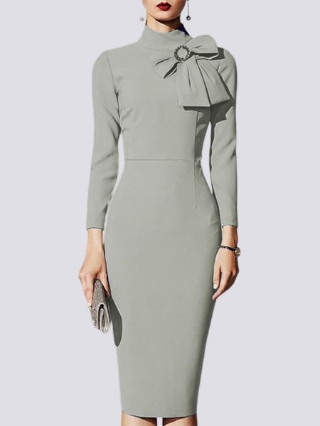 Elegant Bow Stand Collar Regular Fit Midi Dress, Gray, Dresses