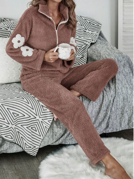 

Shawl Collar Casual Loose Teddy Two Piece Sets, Pink, Suit Set