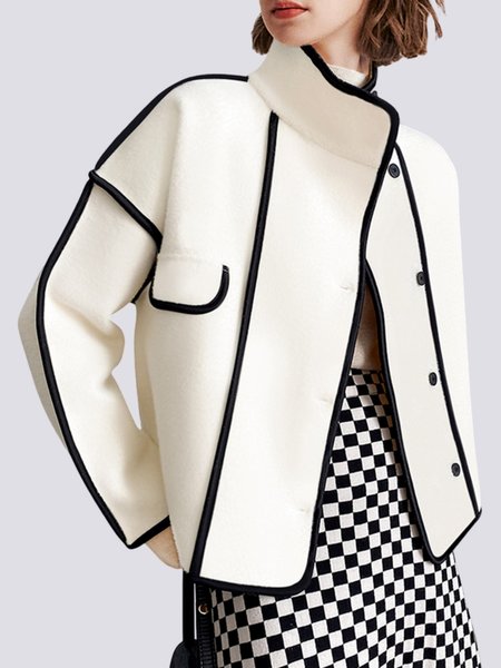 

Color Block Piping Stand Collar Loose Jacket, Coffee, Outerwear