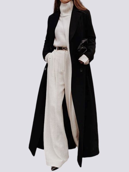 

Elegant Loosen Flat Collar Plain Overcoat, Black, Outerwear