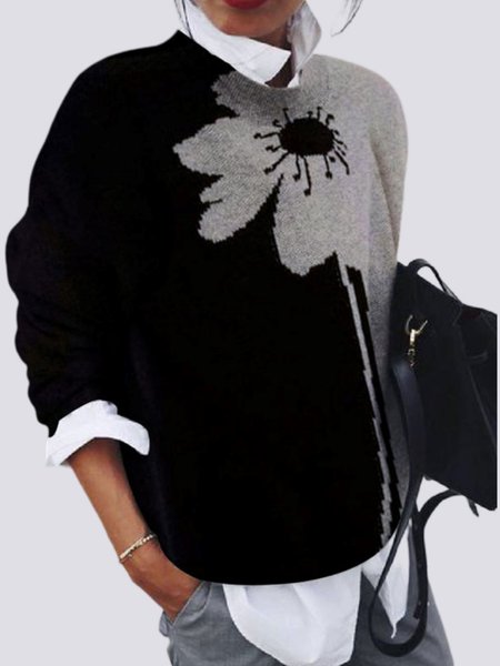 

Urban Loose Crew Neck Floral Long sleeve Sweater, Black, Sweaters