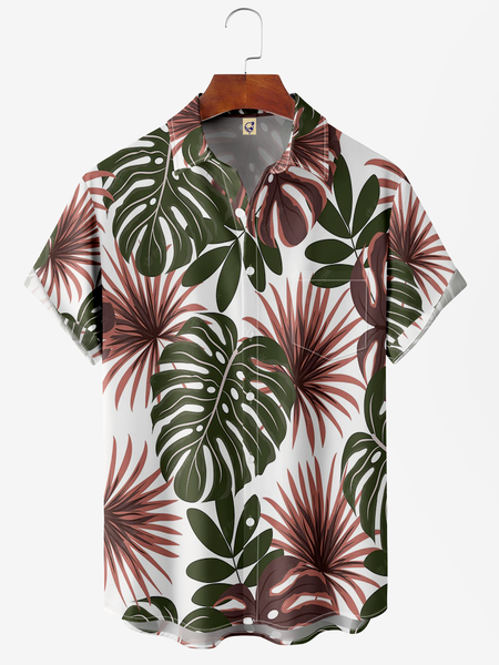 

Leaves Chest Pocket Short Sleeve Hawaiian Shirt, White, Men Shirts